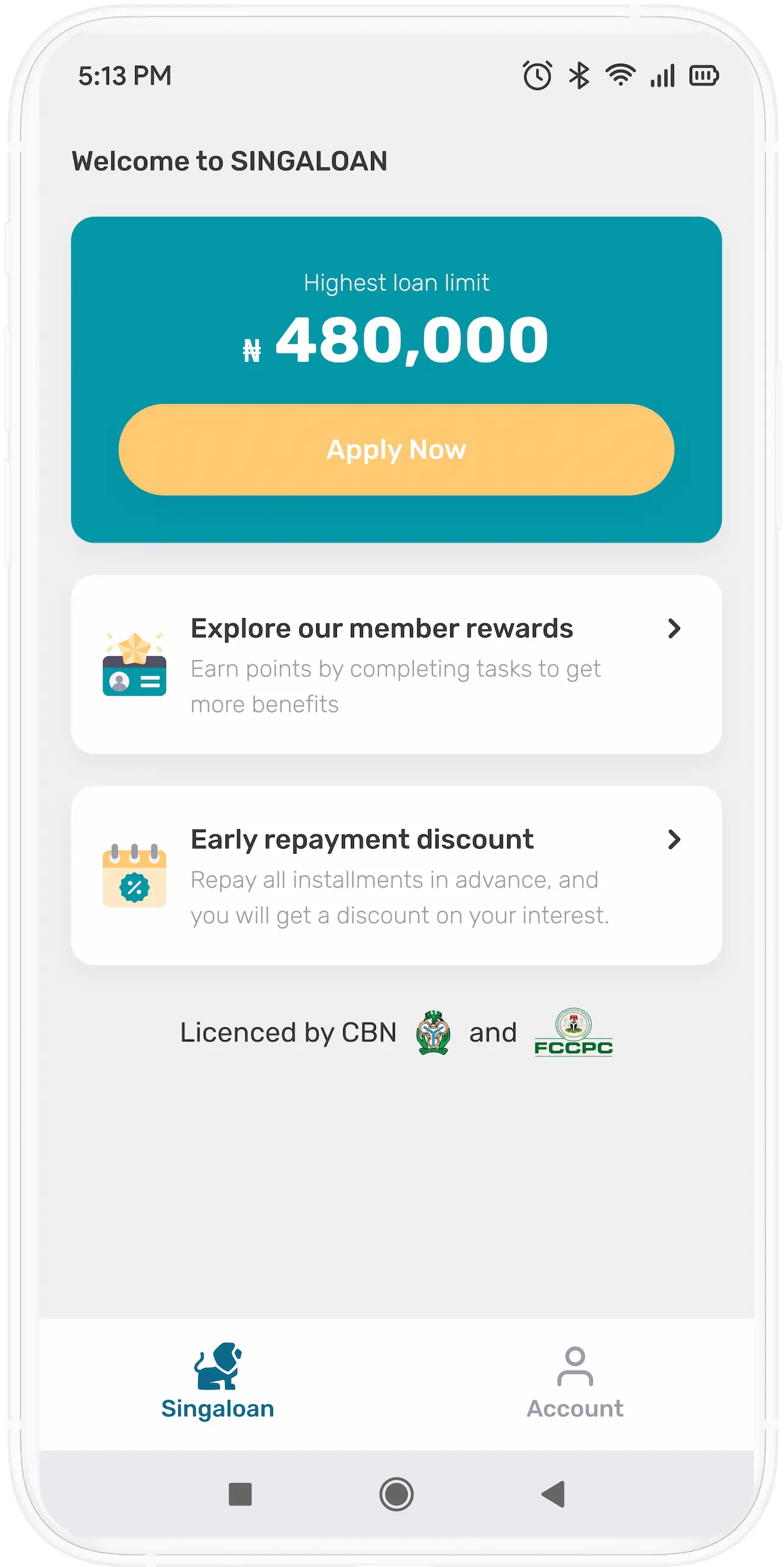 SingaLoan app screen showing a loan limit of ₦480,000